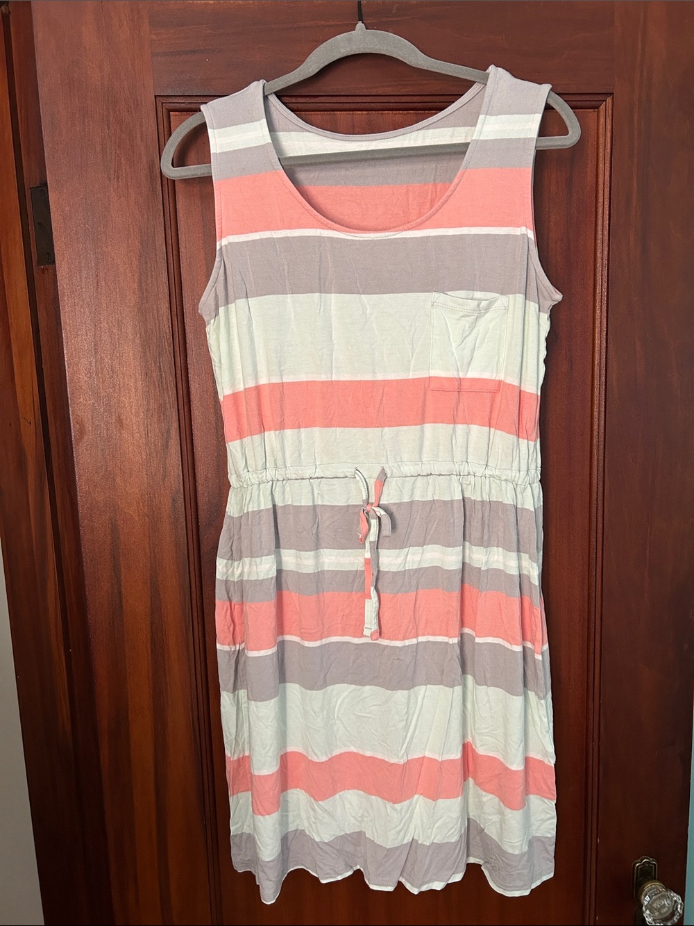 Sleeveless Striped Drawstring Summer Dress in Coral, Gray & Mint